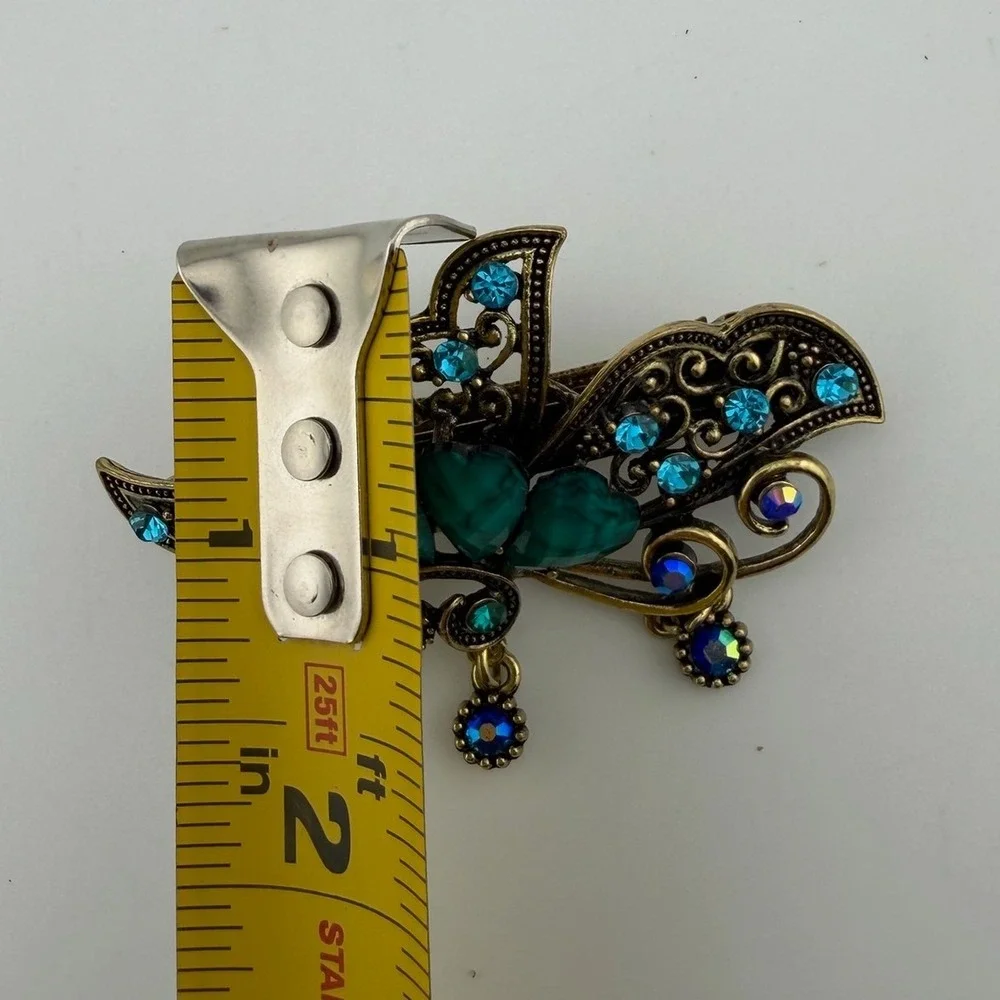 Vintage Style‎ Antique Gold Teal Heart Rhinestone French Barrette Clip